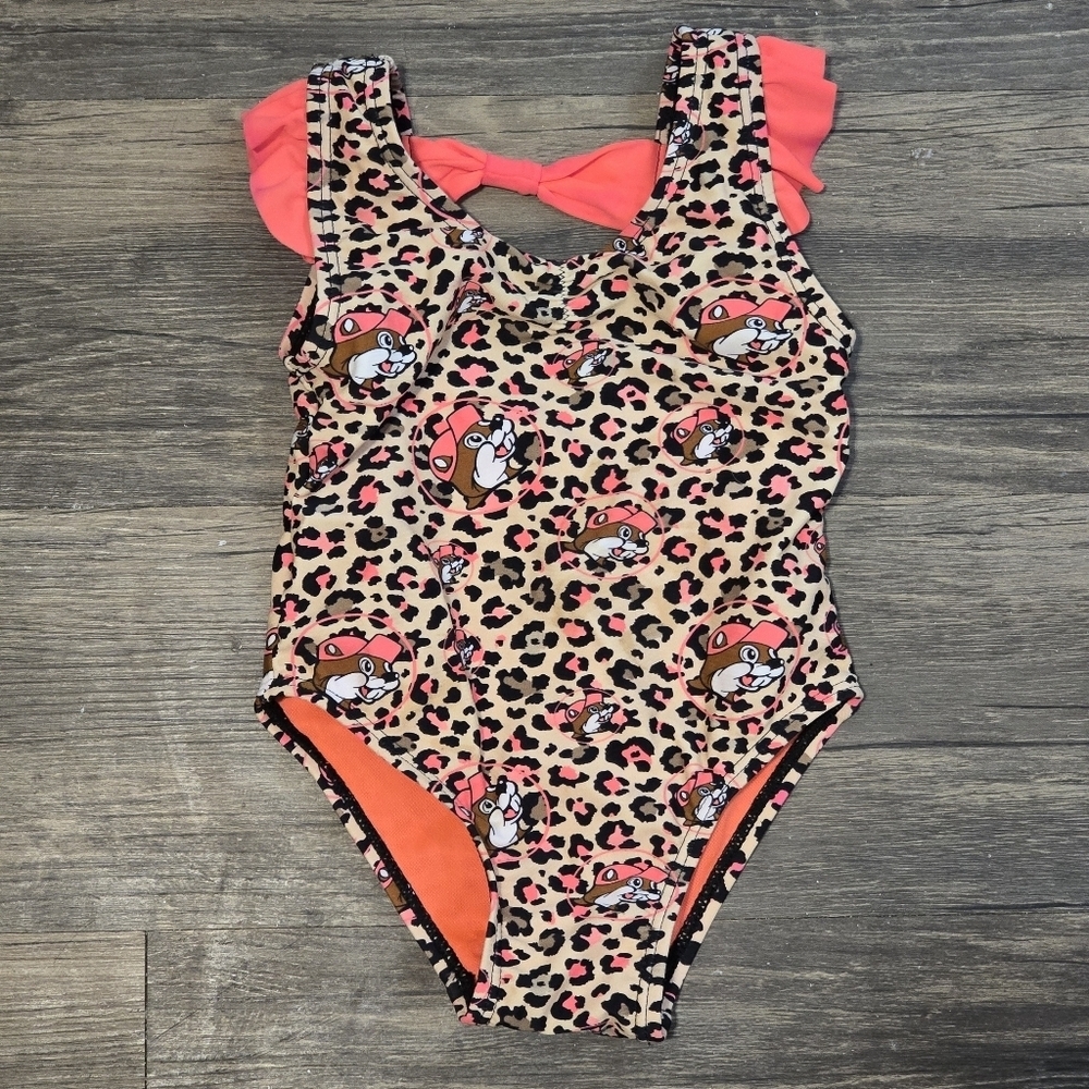 Buc-ee’s Baby Girl Swimsuit 6–9M Leopard Print Pink Bow One Piece